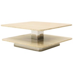 Coffee Table in the Style of Harvey Probber, Two-Tier Square Travertine Tops