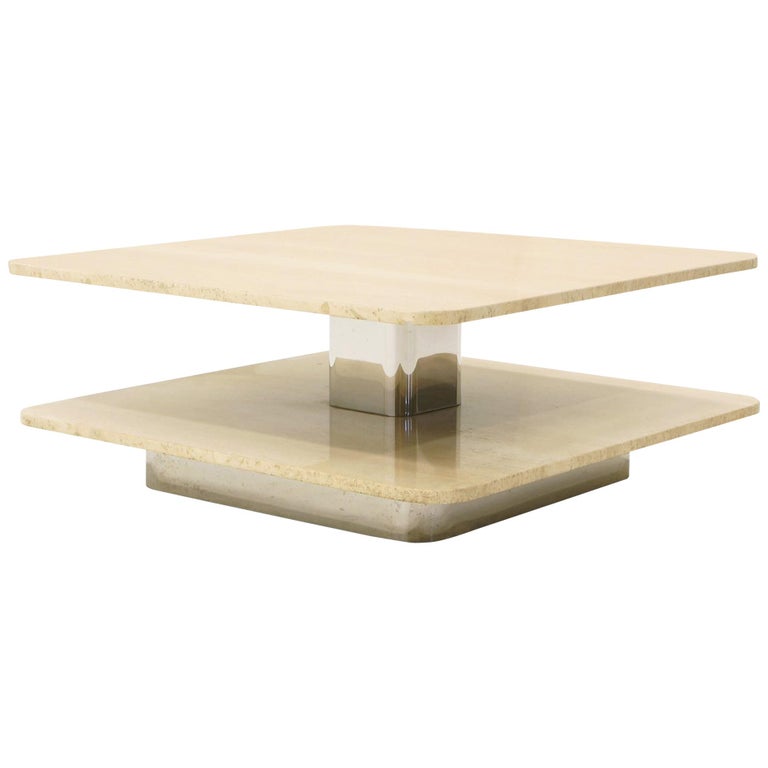 Coffee Table in the Style of Harvey Probber, Two-Tier Square Travertine Tops For Sale