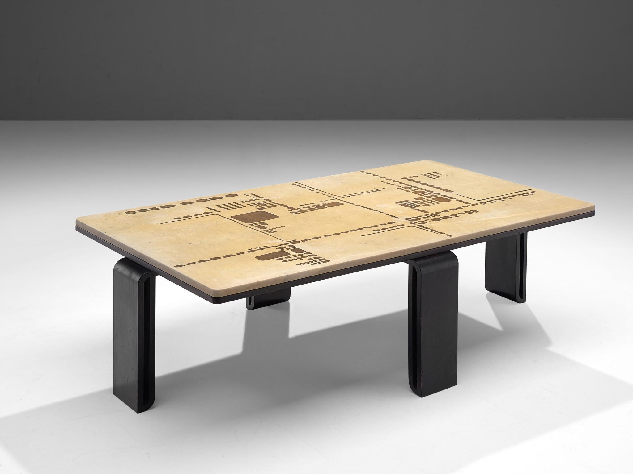 Coffee table, travertine, ebonized wood and concrete, The Netherlands, 1980s. 

Travertine table top with decorative abstract design. This arty coffee table is inlayed with concrete, creating a beautiful pattern. The frame is executed in ebonized