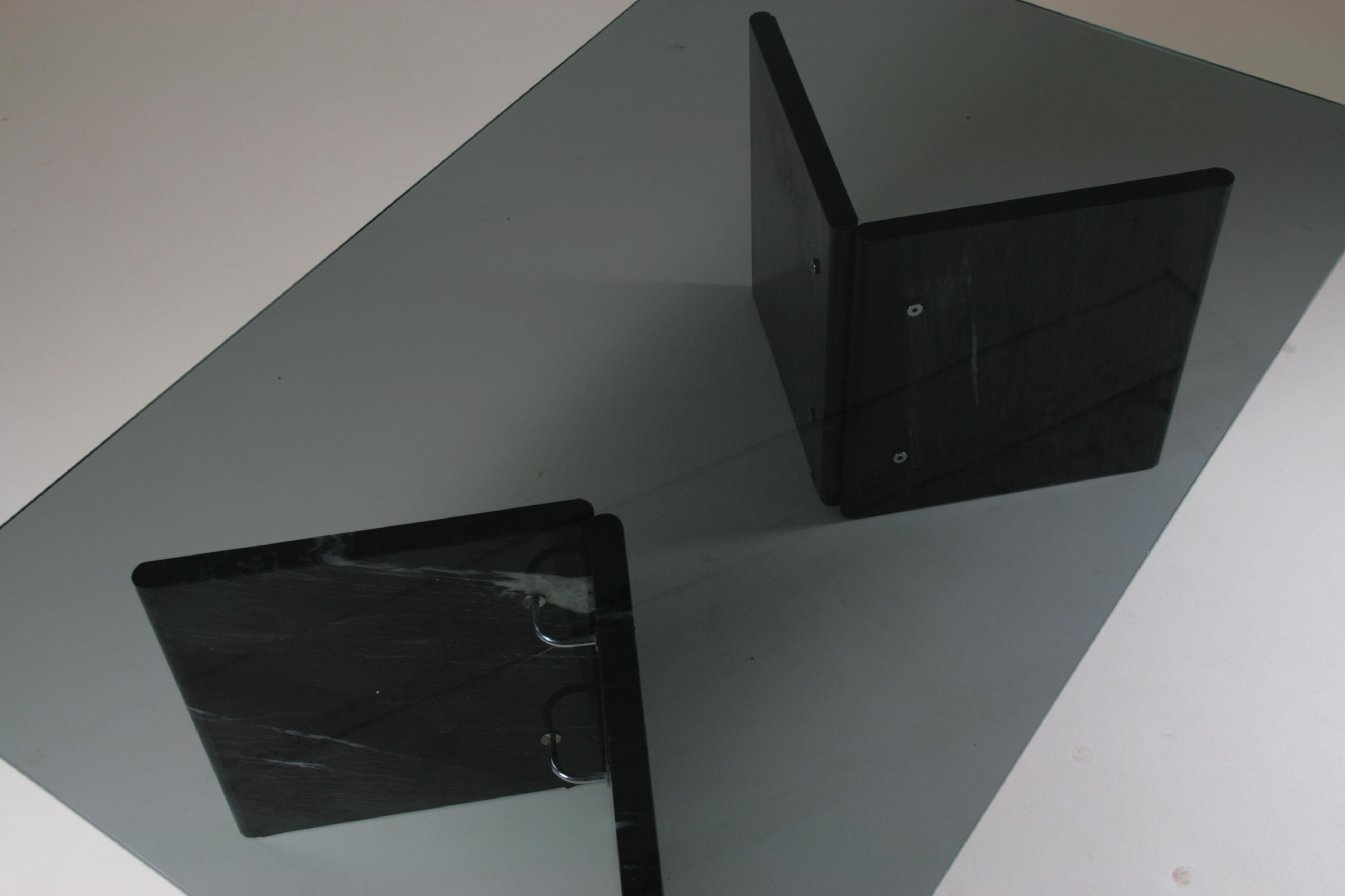 Italian Coffee table in veined black marble and smoked glass top, Italy 1970s