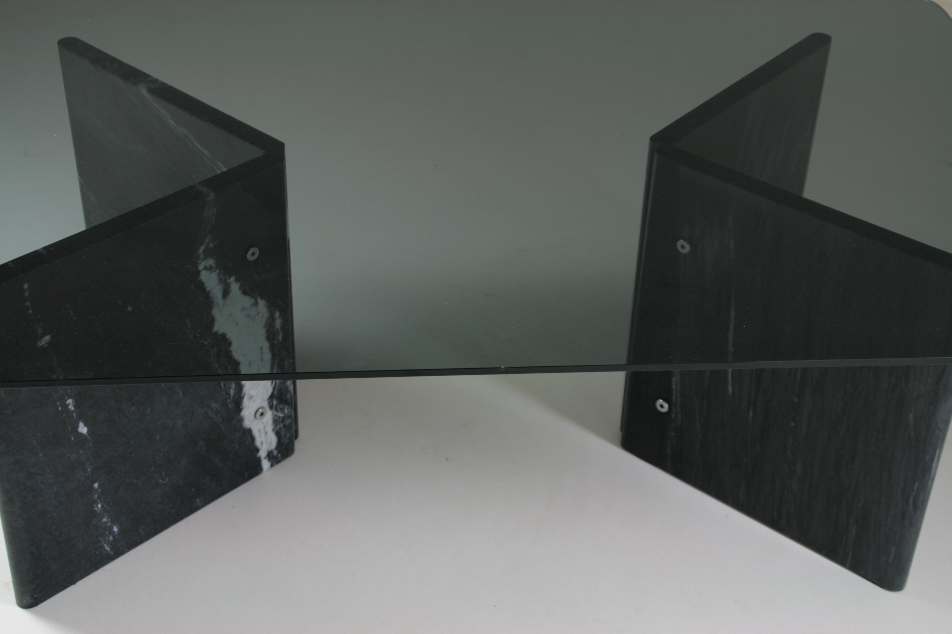 Glass Coffee table in veined black marble and smoked glass top, Italy 1970s