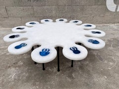 Coffee table in white Vietnamese marble and Brazilian agates