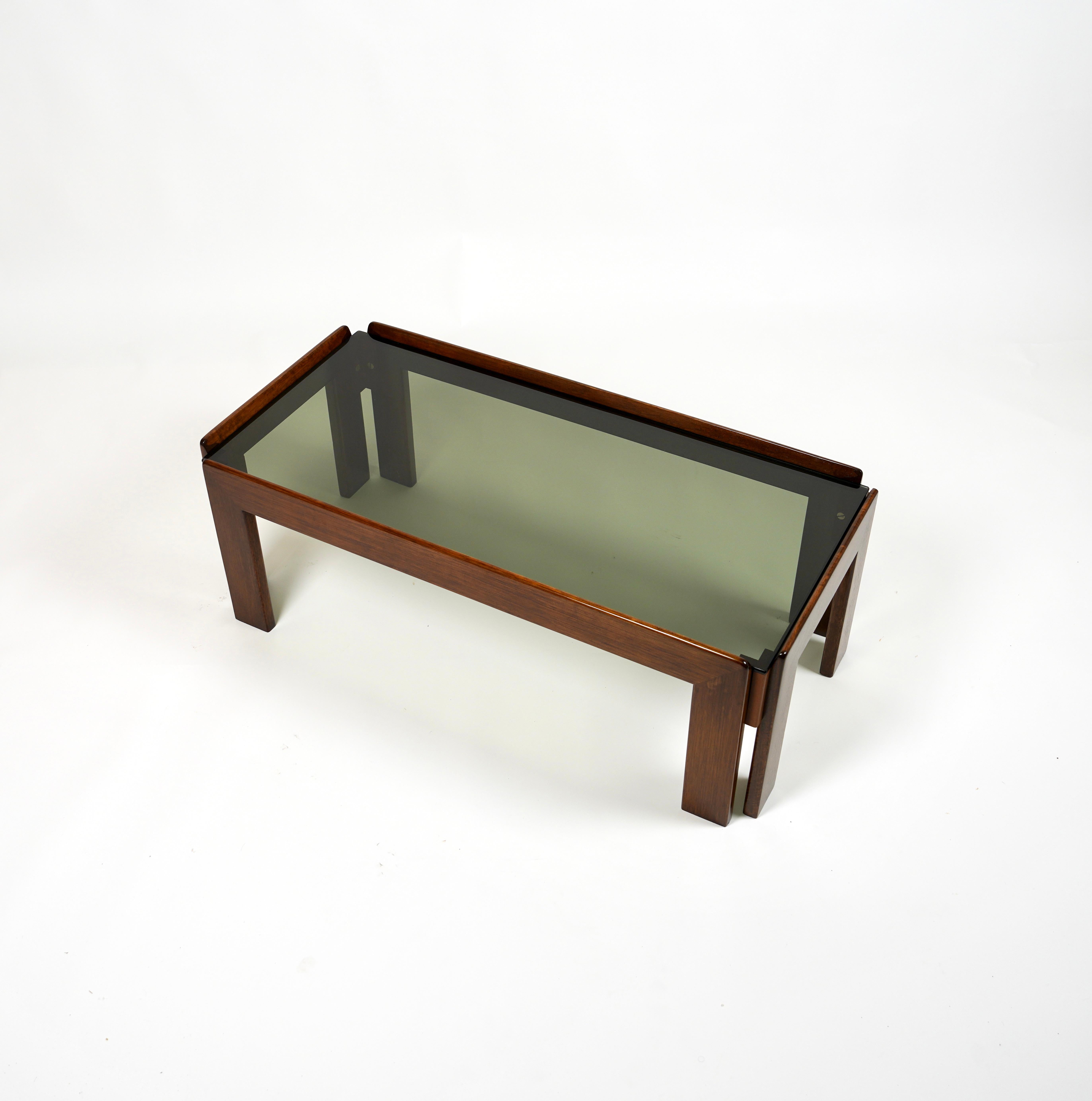 Smoked Glass Coffee Table in Wood and Glass Afra & Tobia Scarpa for Cassina, Italy 1960s For Sale