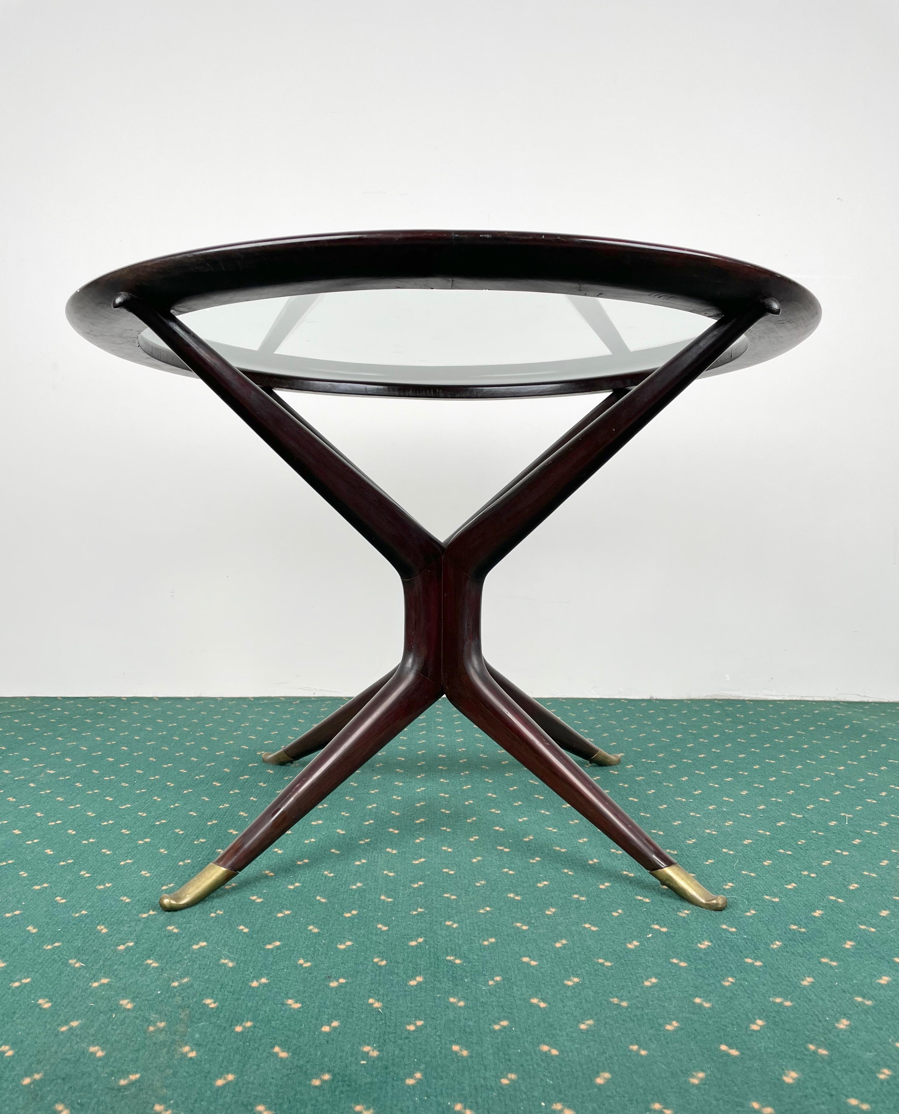 Ebonized Coffee Table in Wood Glass and Brass Attributed to Guglielmo Ulrich, Italy 1950s For Sale