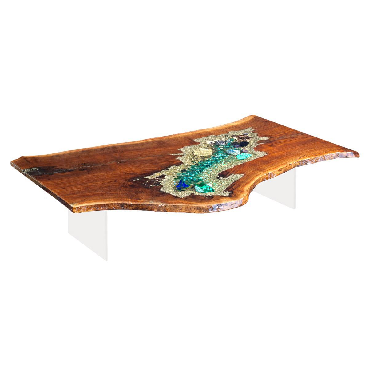 Walnut wood coffee table with crystal and gemstone inlay