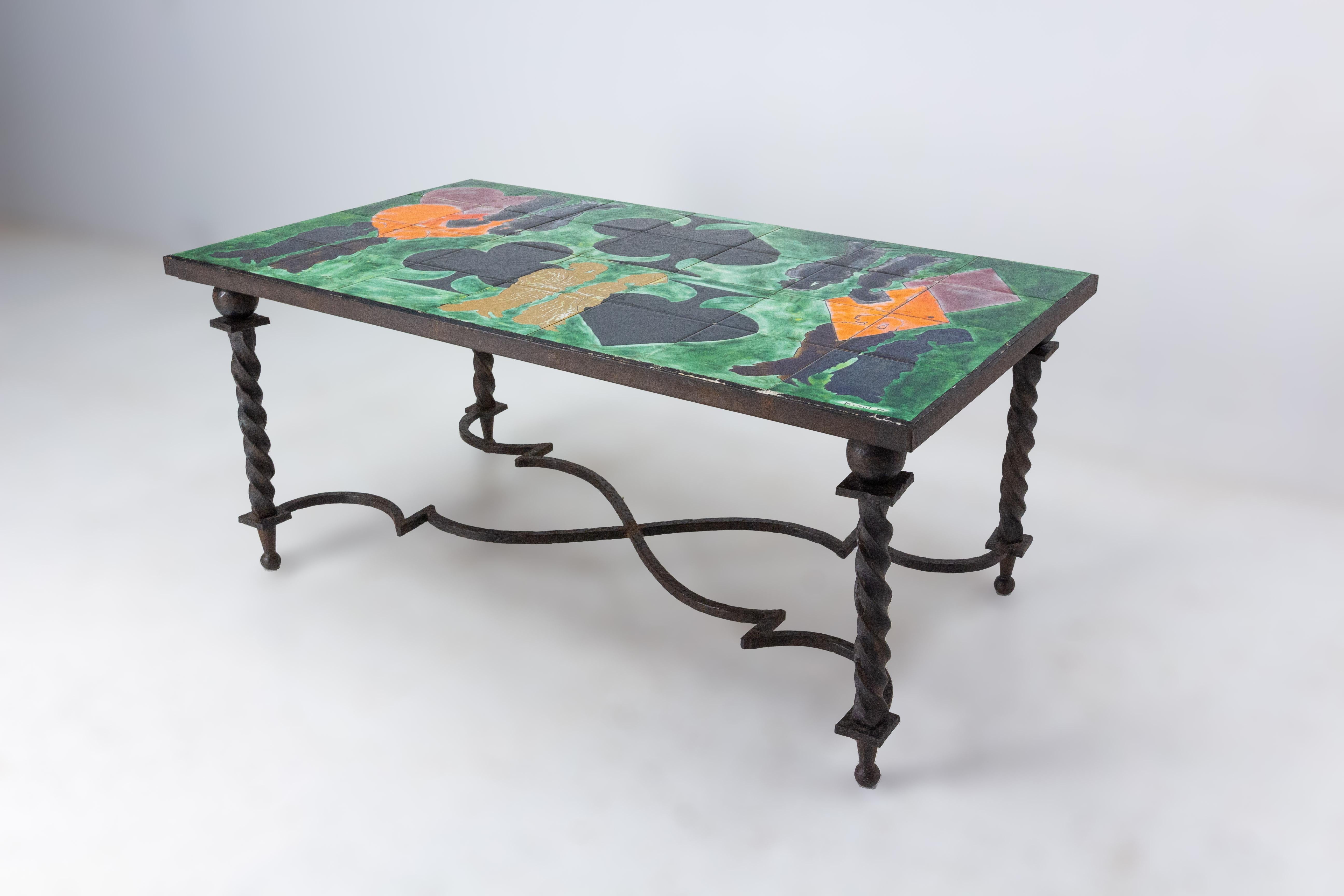 Mid-Century Modern Coffee Table Iron and Tiles French Representing Colors of Playing Cards, c. 1940