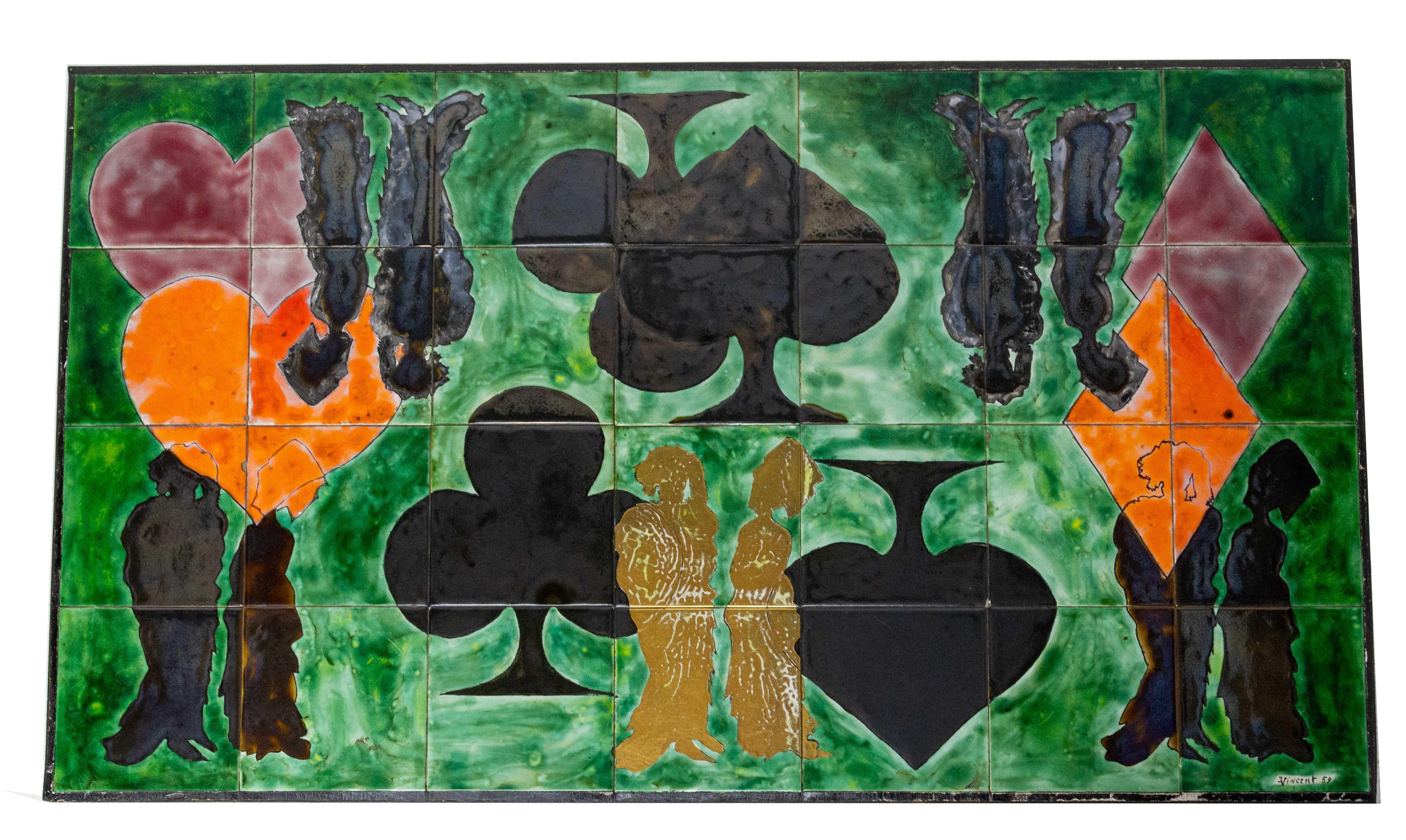 Wrought Iron Coffee Table Iron and Tiles French Representing Colors of Playing Cards, c. 1940