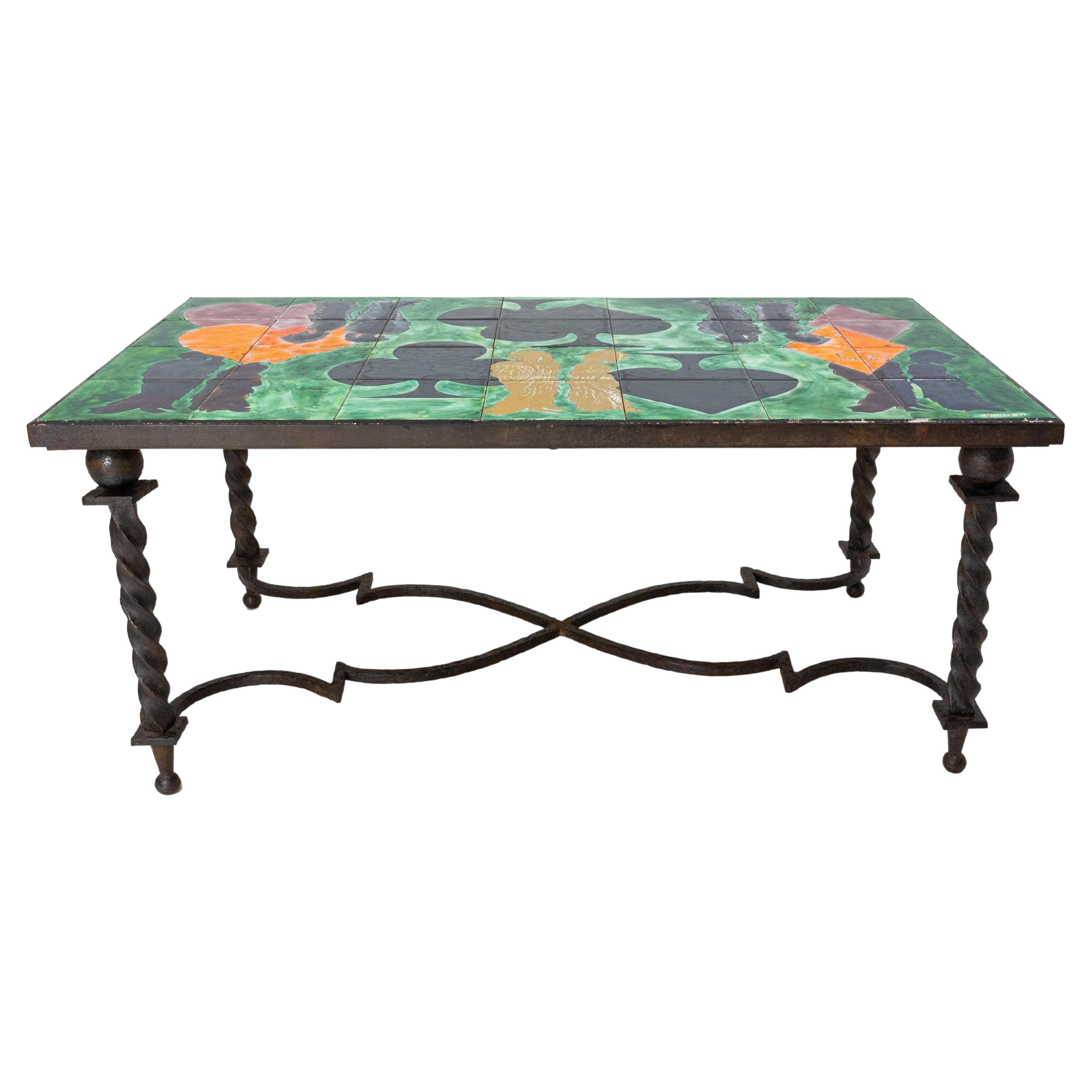 Coffee Table Iron and Tiles French Representing Colors of Playing Cards, c. 1940 For Sale