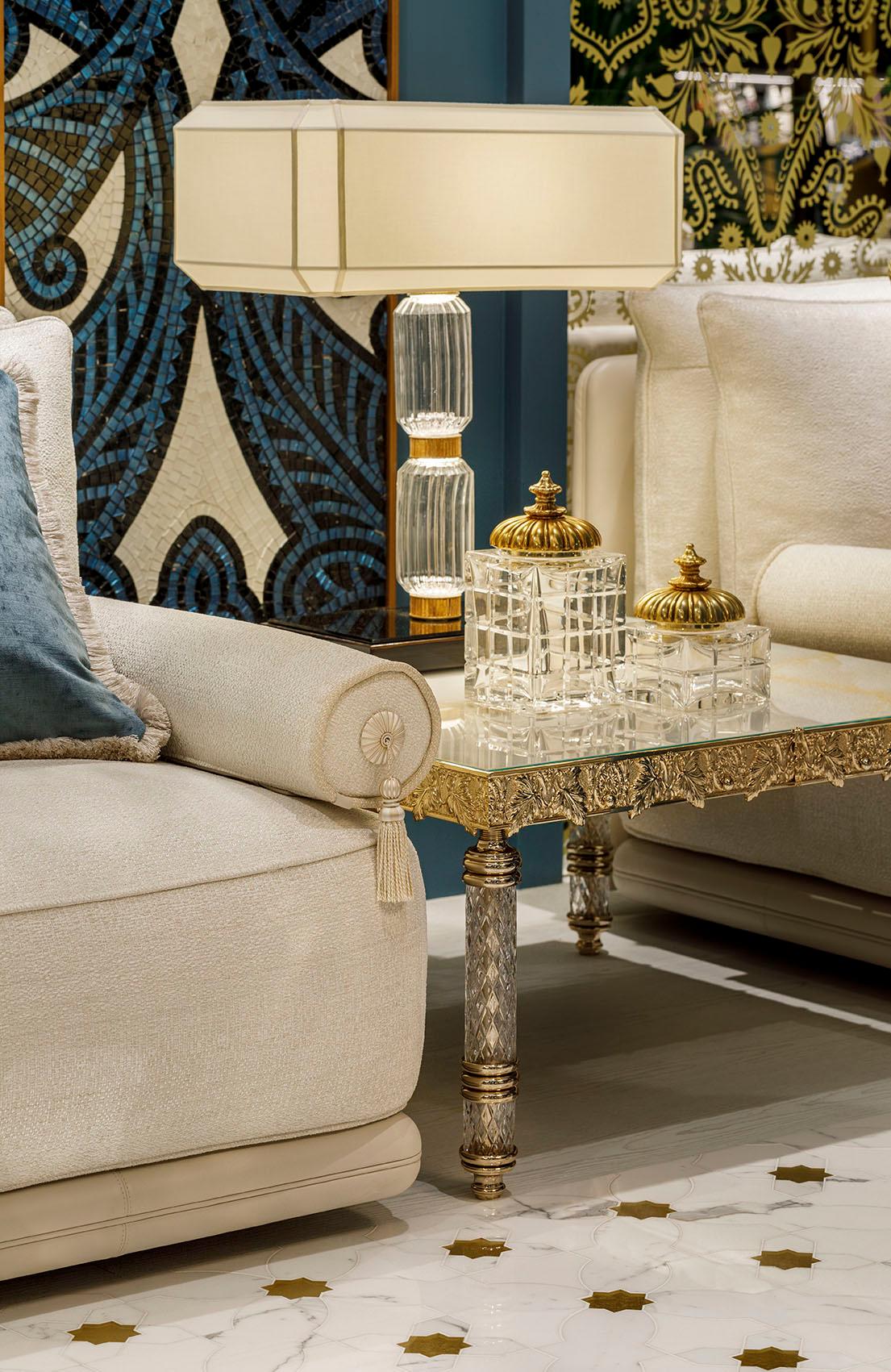 Italian Coffee Table Iron Frame Decorations Cast Brass Leg cut Crystal Champagne Finish For Sale