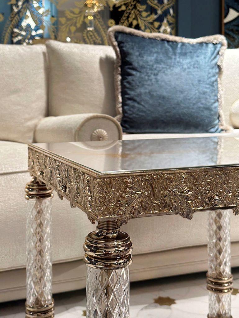 Contemporary Coffee Table Iron Frame Decorations Cast Brass Leg cut Crystal Champagne Finish For Sale