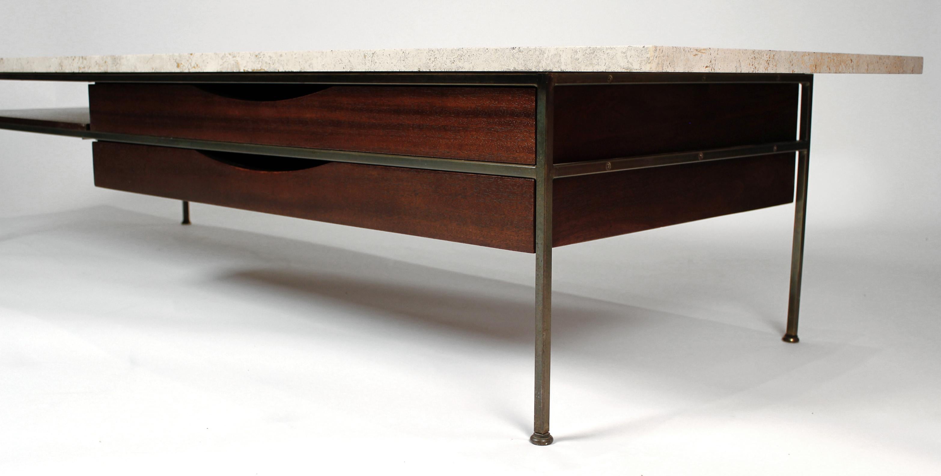 Coffee table designed by Paul McCobb, Irwin collection for Calvin. Table is in excellent condition constructed with brass and mahogany with the original travertine top.