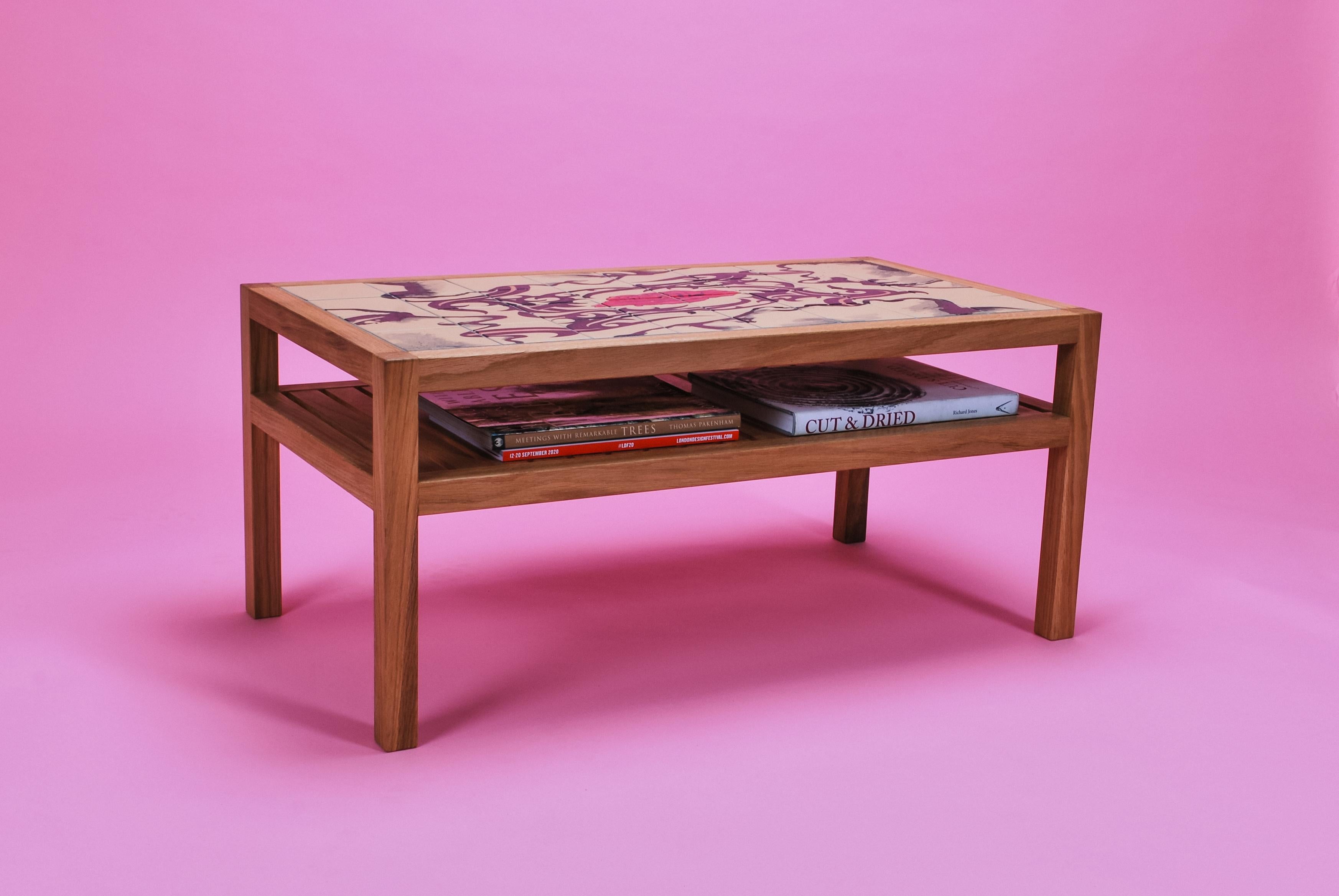 Woodwork Coffee Table, Hand Painted Tiles, Ruth Angel Edwards Limited Artist Edition For Sale