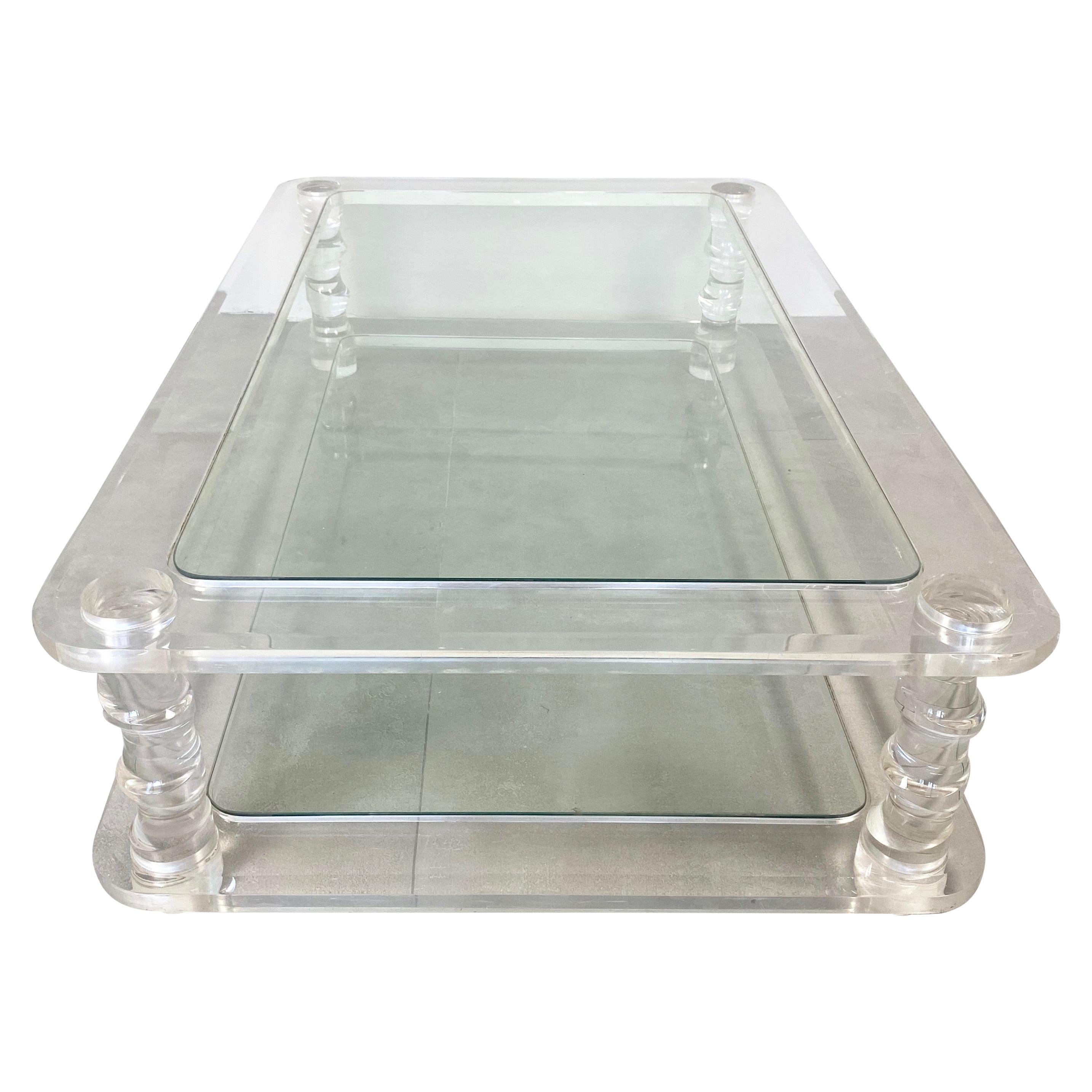 French Vintage Lucite, Brass and Glass Coffee Table at 1stDibs