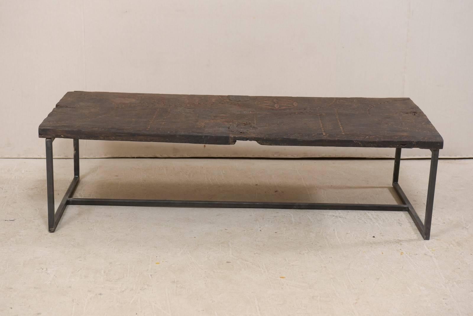Coffee Table Made from 18th Century Spanish Wood Door and Custom Iron Base 3