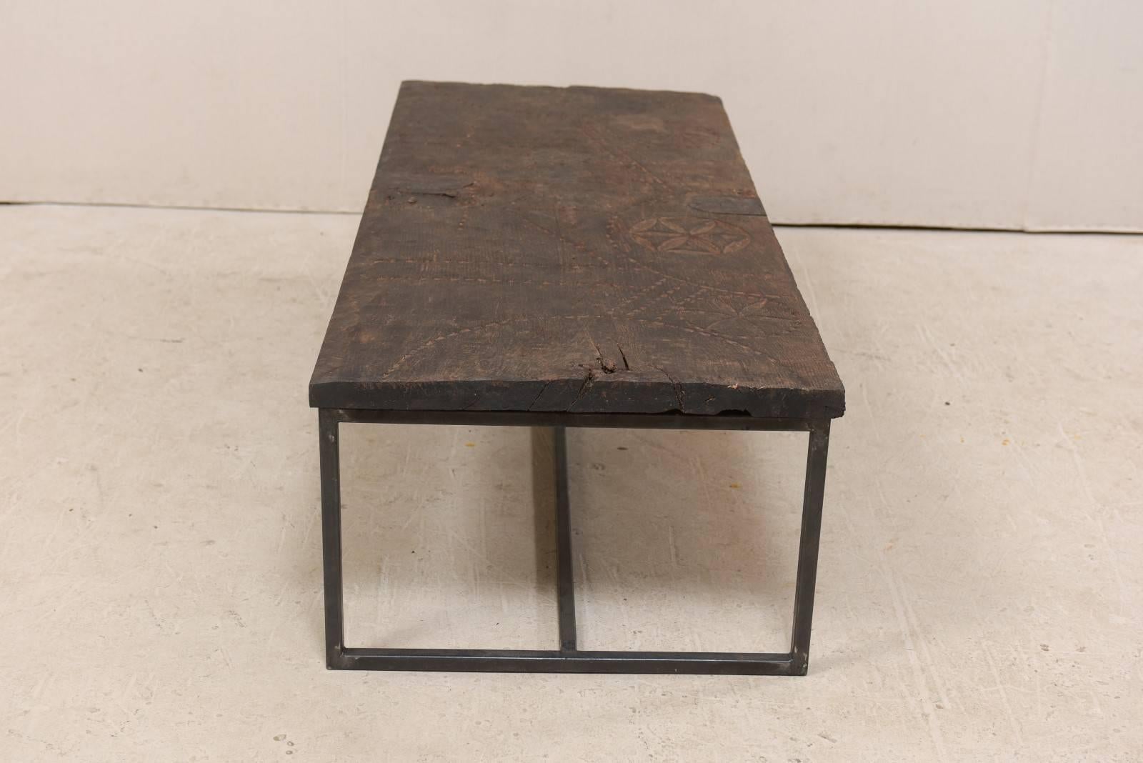 Rustic Coffee Table Made from 18th Century Spanish Wood Door and Custom Iron Base