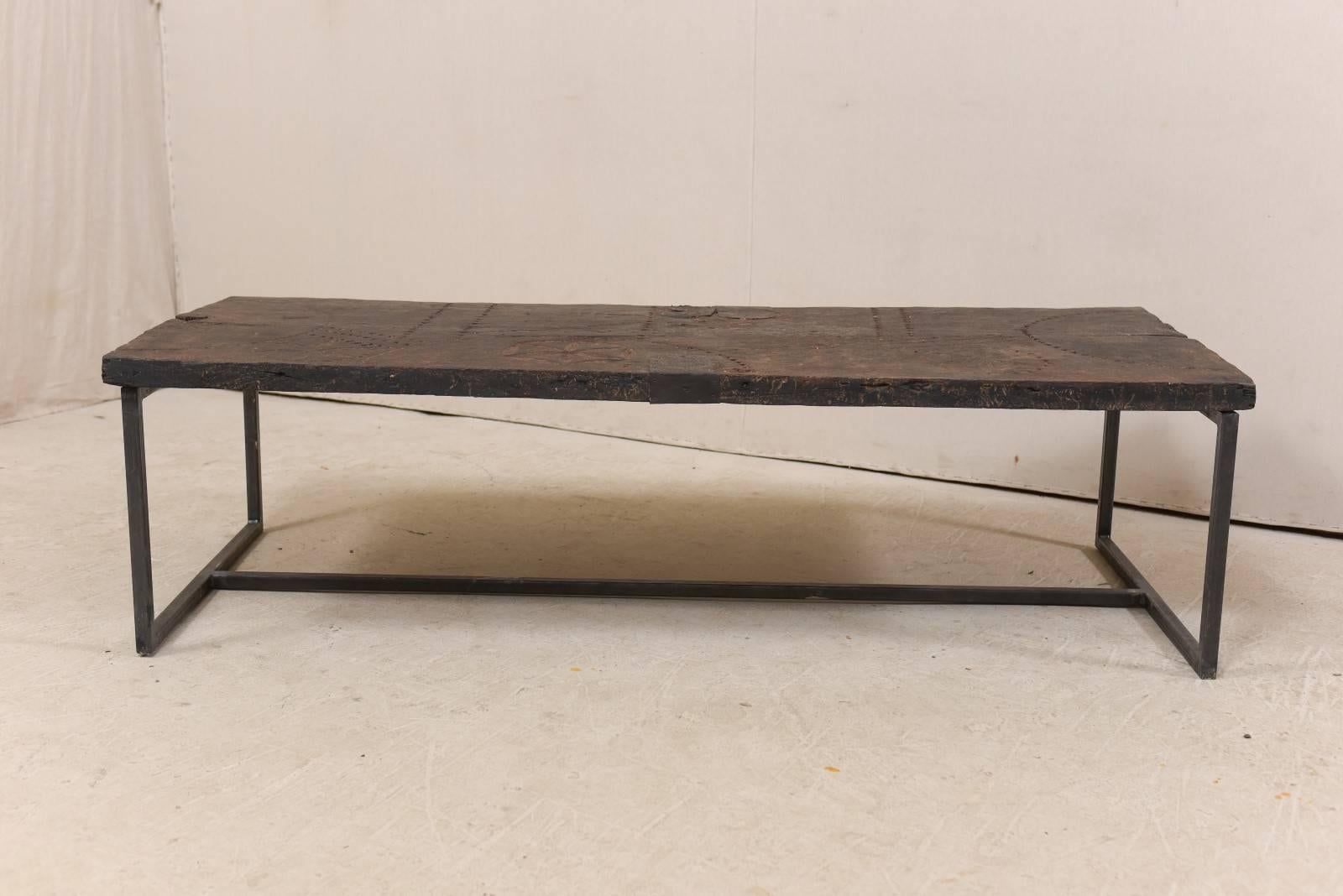 Coffee Table Made from 18th Century Spanish Wood Door and Custom Iron Base 1