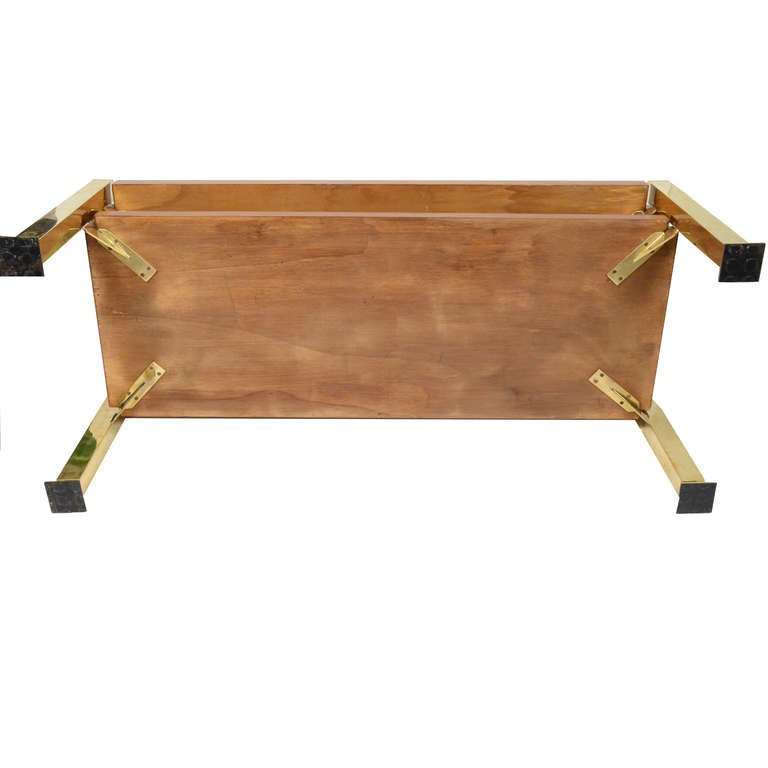 Coffee Table Made in Italy in the 1970s Brass Legs and Wooden Top and Shelf In Excellent Condition In Milan, IT