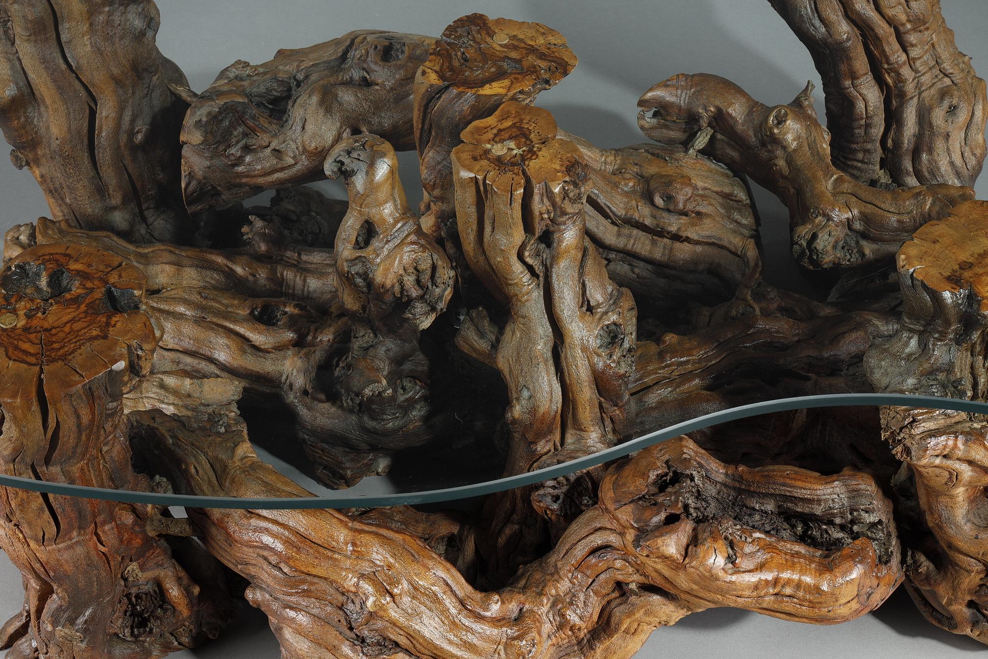 Table basse faite de racines d'arbres avec plateau en verre en forme de haricot. en vente 1