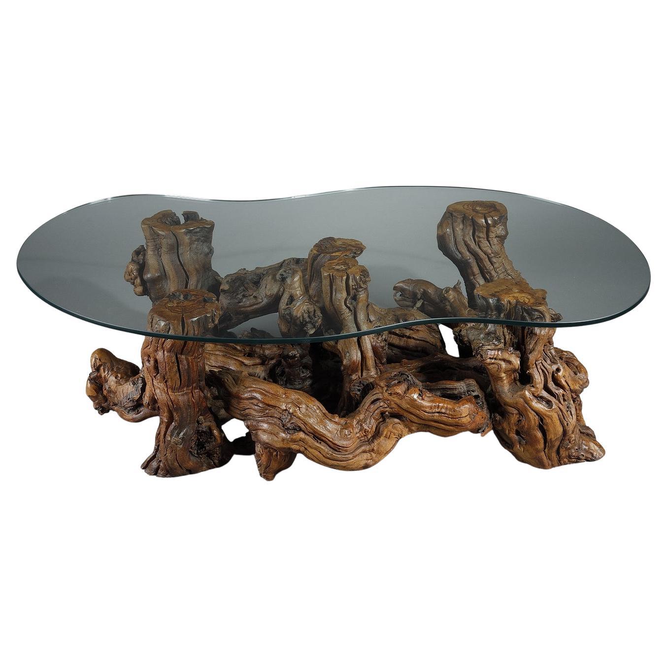 Table basse faite de racines d'arbres avec plateau en verre en forme de haricot. en vente