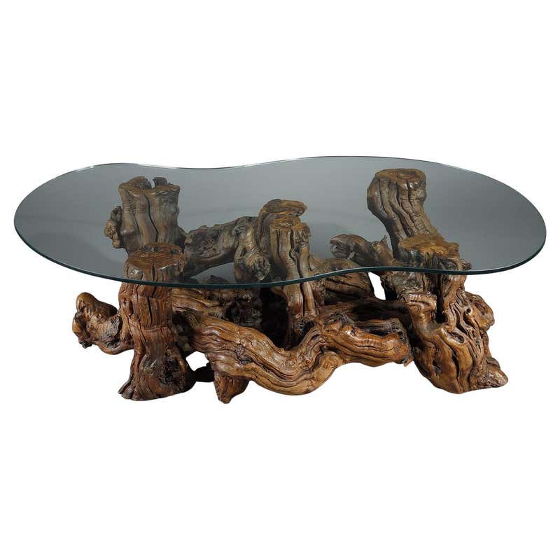 Table Tree Cafe 19th C. European Natural Wood Tree Stump Base with Glass Top Coffee ...