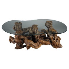 Coffee table made of tree roots with bean-shaped glass top