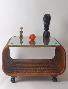 Coffee table made of wicker with glass top, Italian 1970