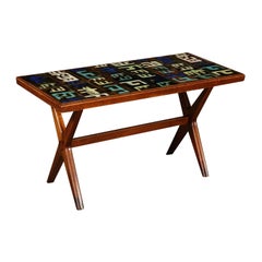 Coffee Table Mahogany Copper Tiles Vintage, Italy, 1950s