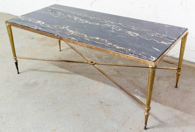 French Coffee Table Maison Jansen Midcentury Black Marble and Gilt Brass Edge Base