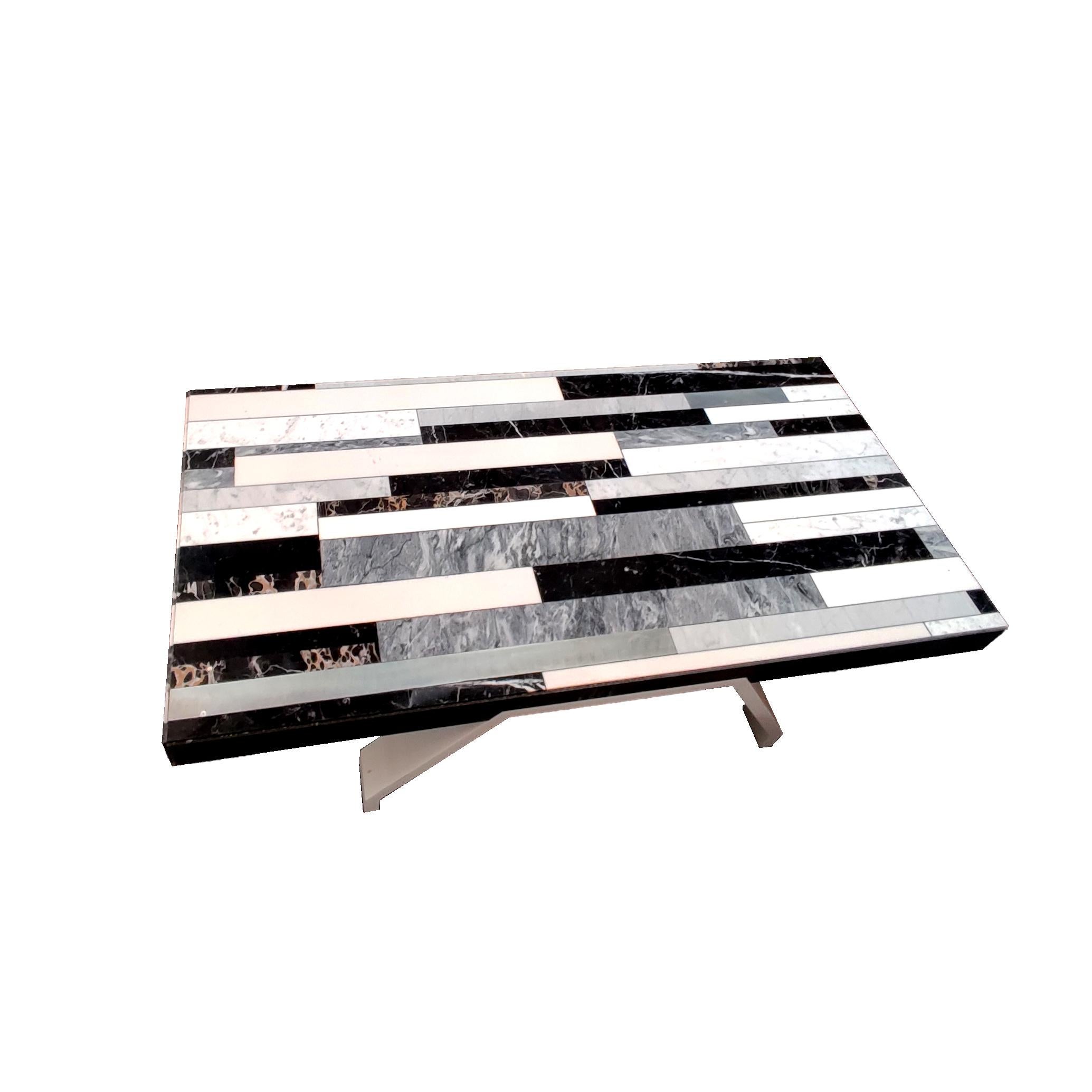 Modern Coffee Table Marquetry Black and White Marble Portoro Krion White Legs Meddel For Sale