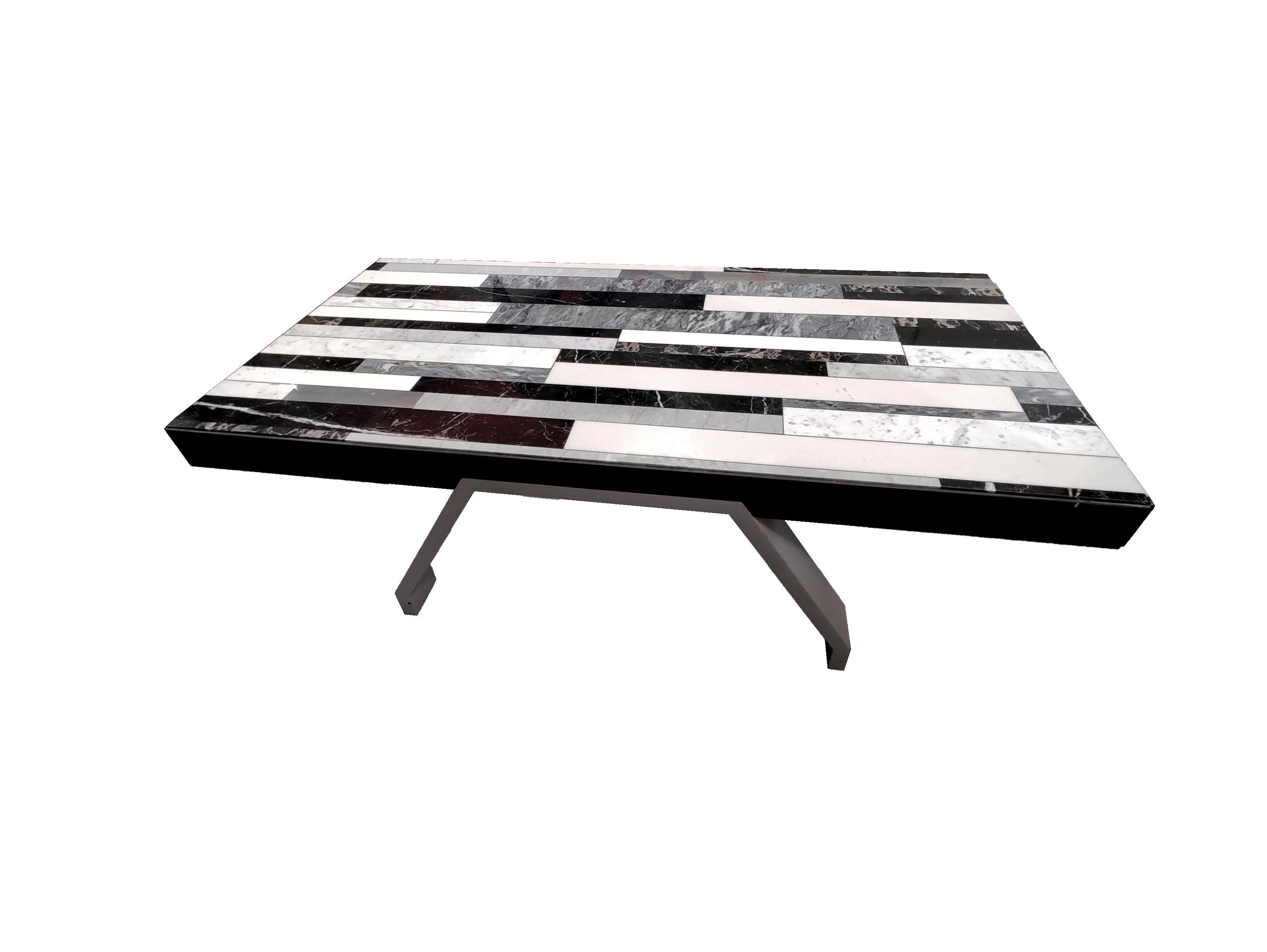 Spanish Coffee Table Marquetry Black and White Marble Portoro Krion White Legs Meddel For Sale