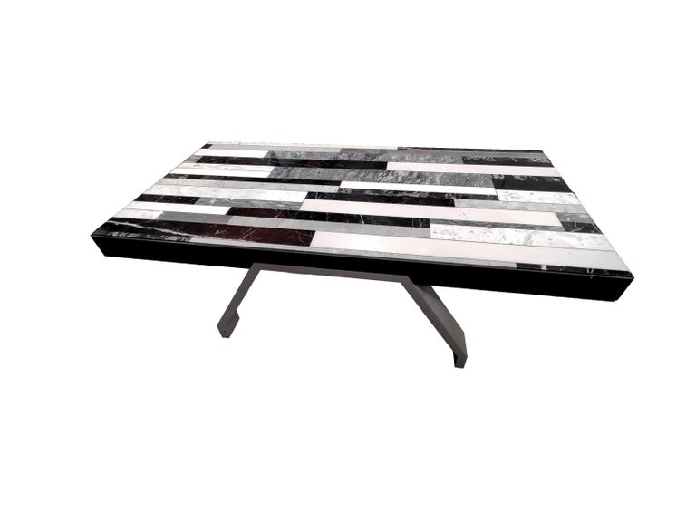 Coffee Table Marquetry Black and White Marble Portoro Krion White Legs