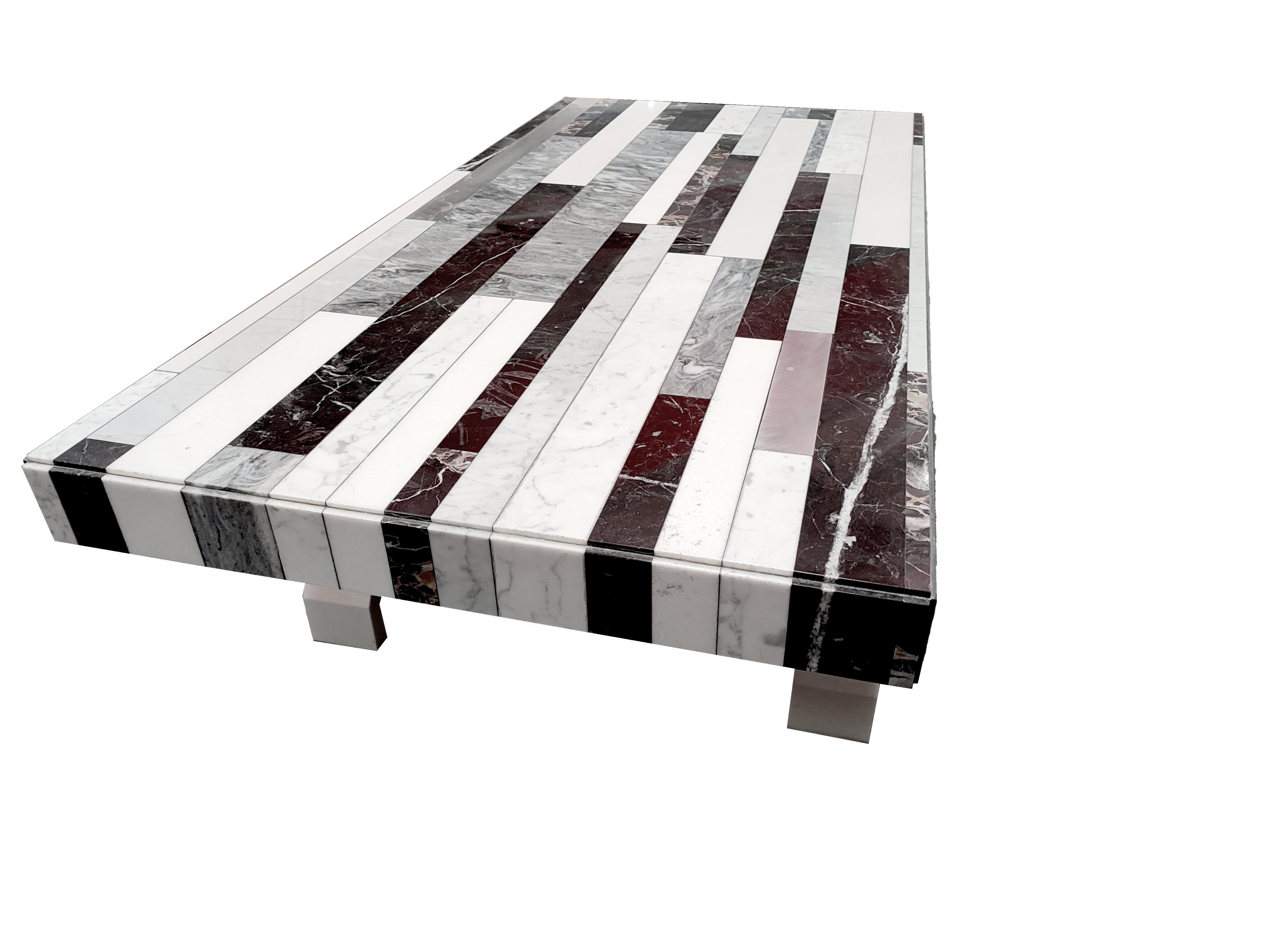 Contemporary Coffee Table Marquetry Black and White Marble Portoro Krion White Legs Meddel For Sale