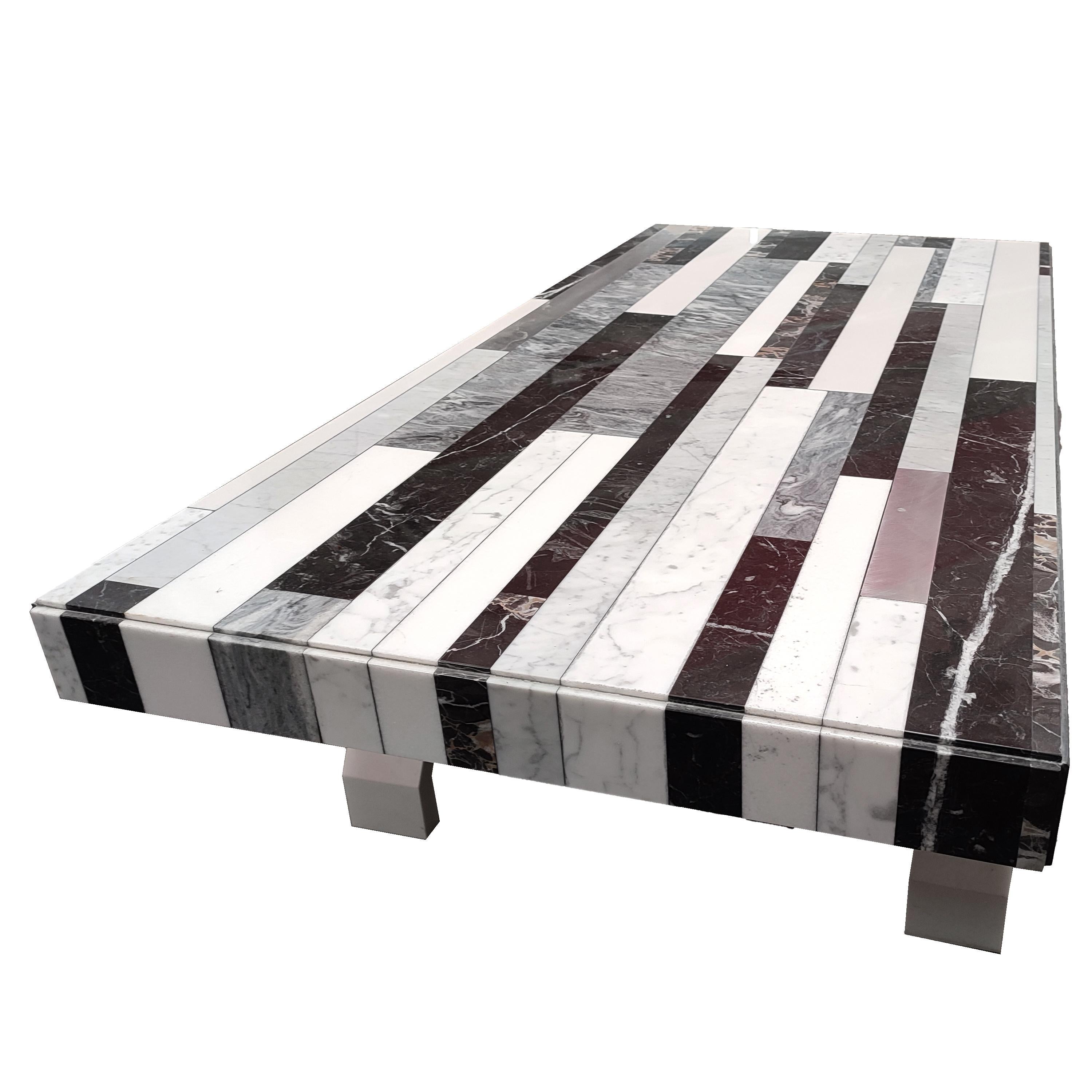 Aluminum Coffee Table Marquetry Black and White Marble Portoro Krion White Legs Meddel For Sale