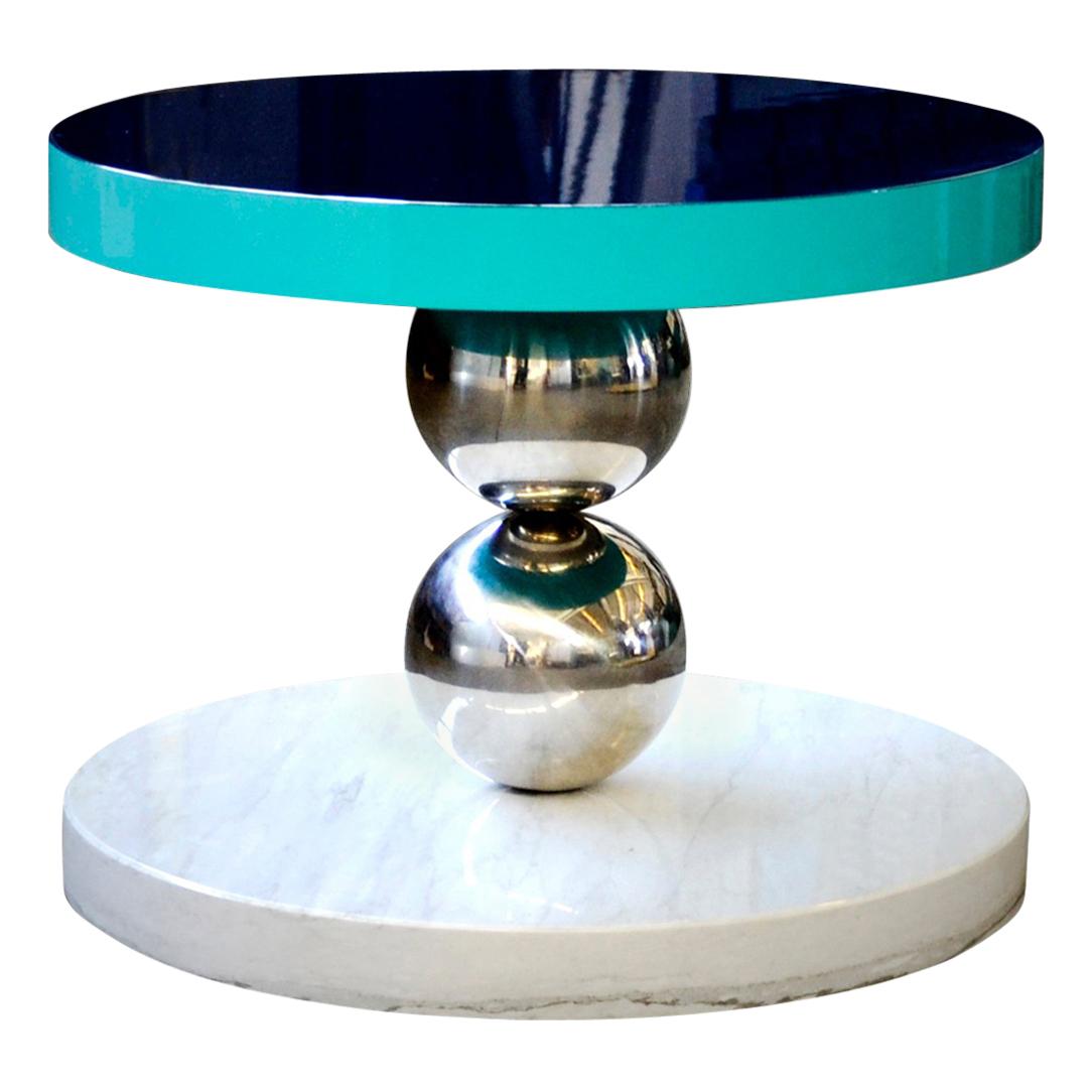 Coffee Table MDF Top, Polished Stainless Steel Spheres and Carrara Marble For Sale