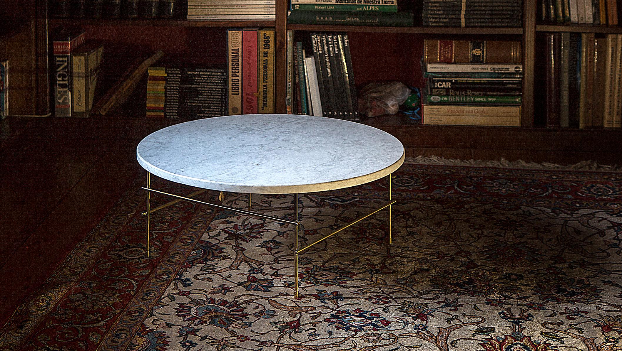 “Brass Coffee Table M” White Carrara Marble Minimalist Coffee Table For Sale 1