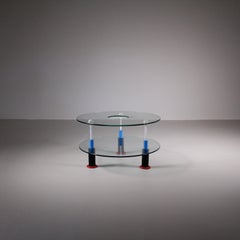 Coffee table in glass Birillo 7 Tarcisio Colzani, Memphis style blu white red