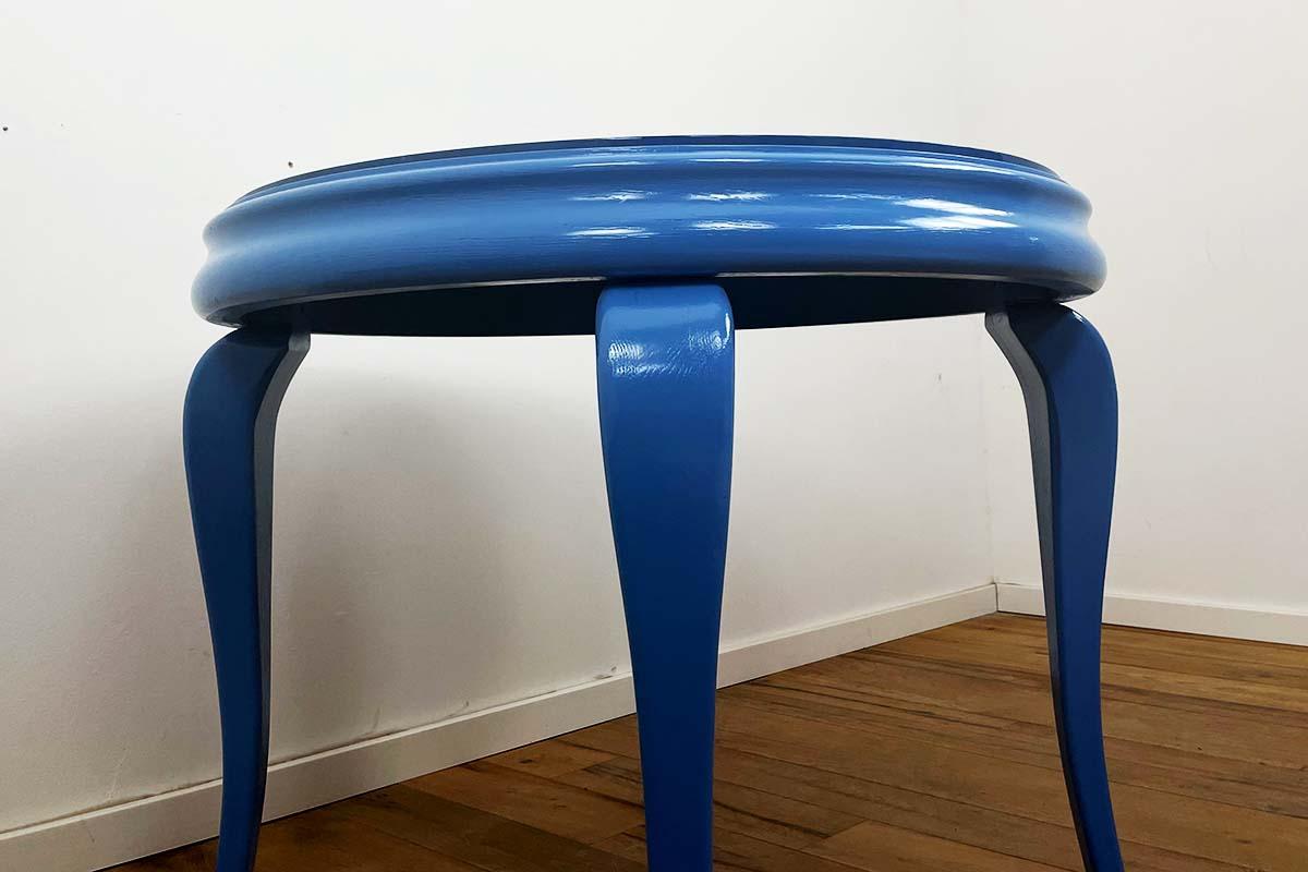 French Coffee table mid century 50s - 70s in blue with marble top For Sale