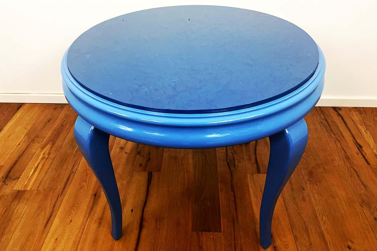 Lacquered Coffee table mid century 50s - 70s in blue with marble top For Sale