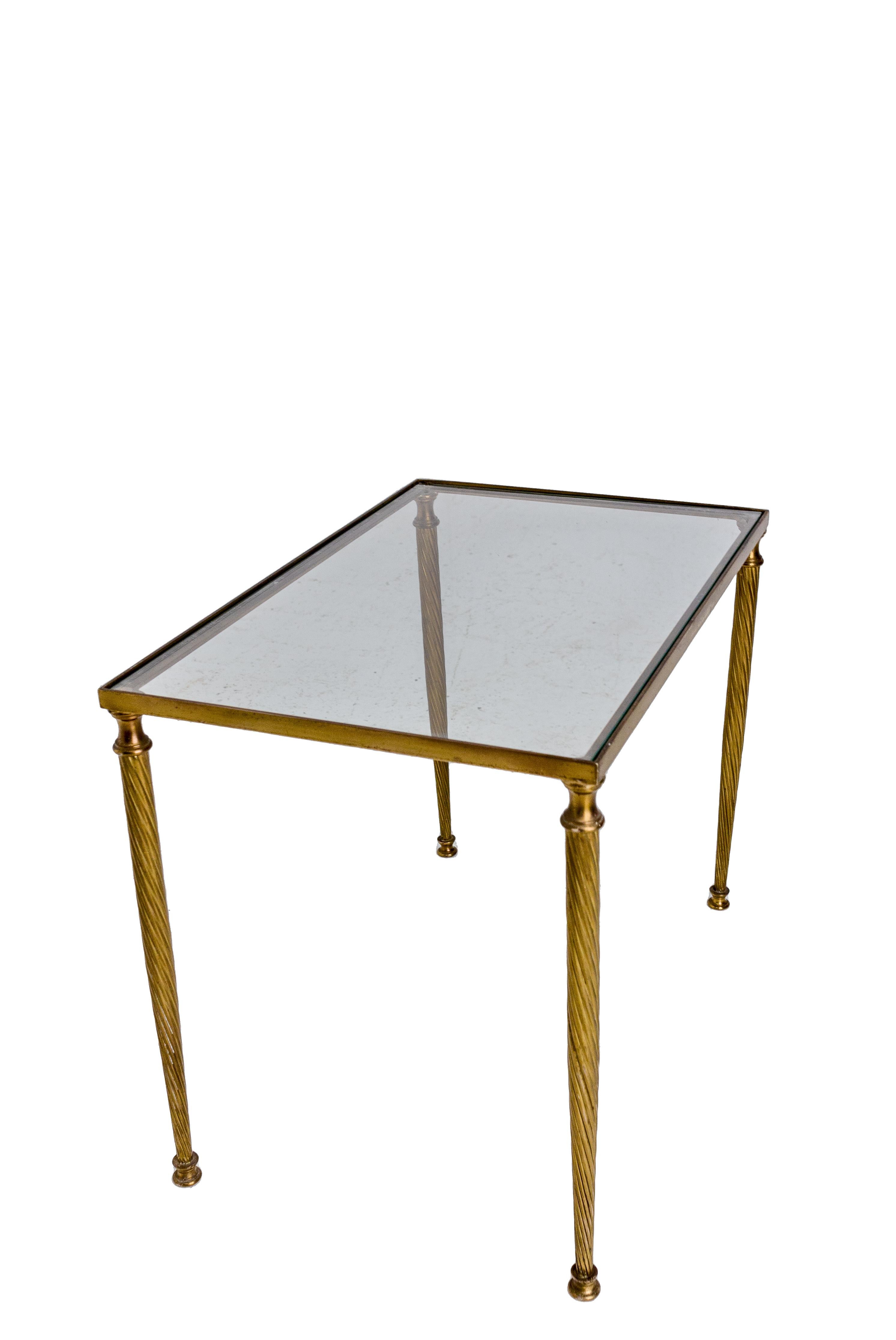 French Coffee Table Mid-century Glass and Gilt Brass Twisted Legs, France 1960 For Sale