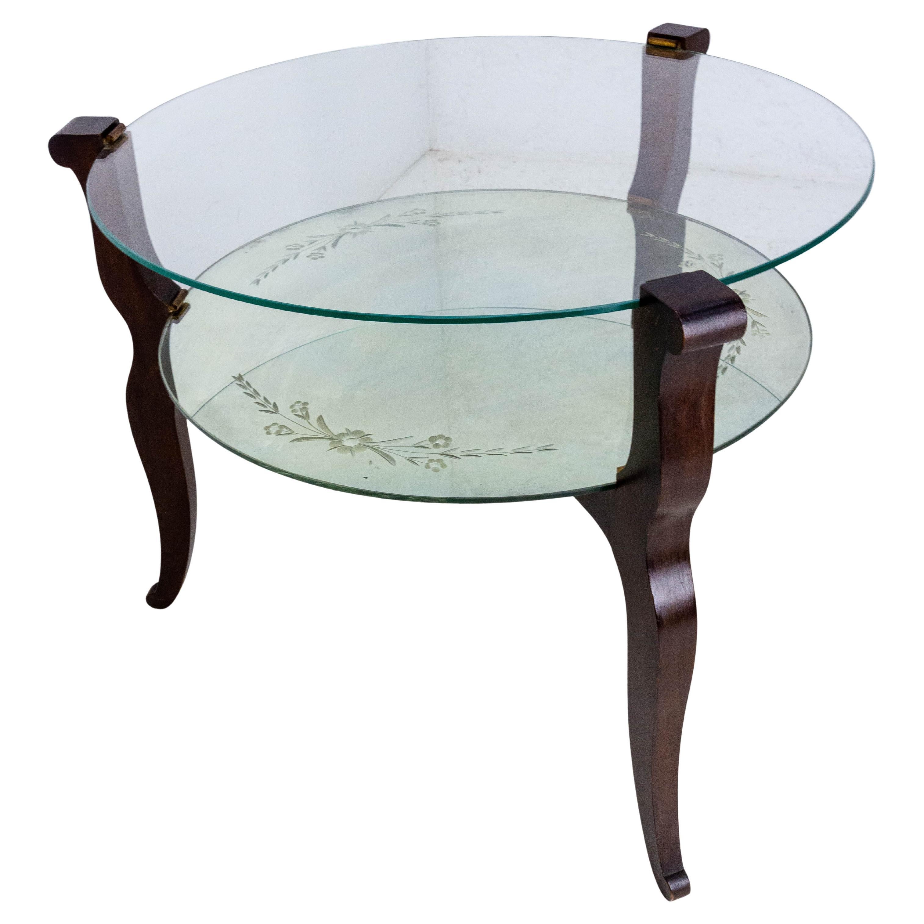 Français Table basse du milieu du siècle en verre, miroir gravé et bois, France, 1960 en vente