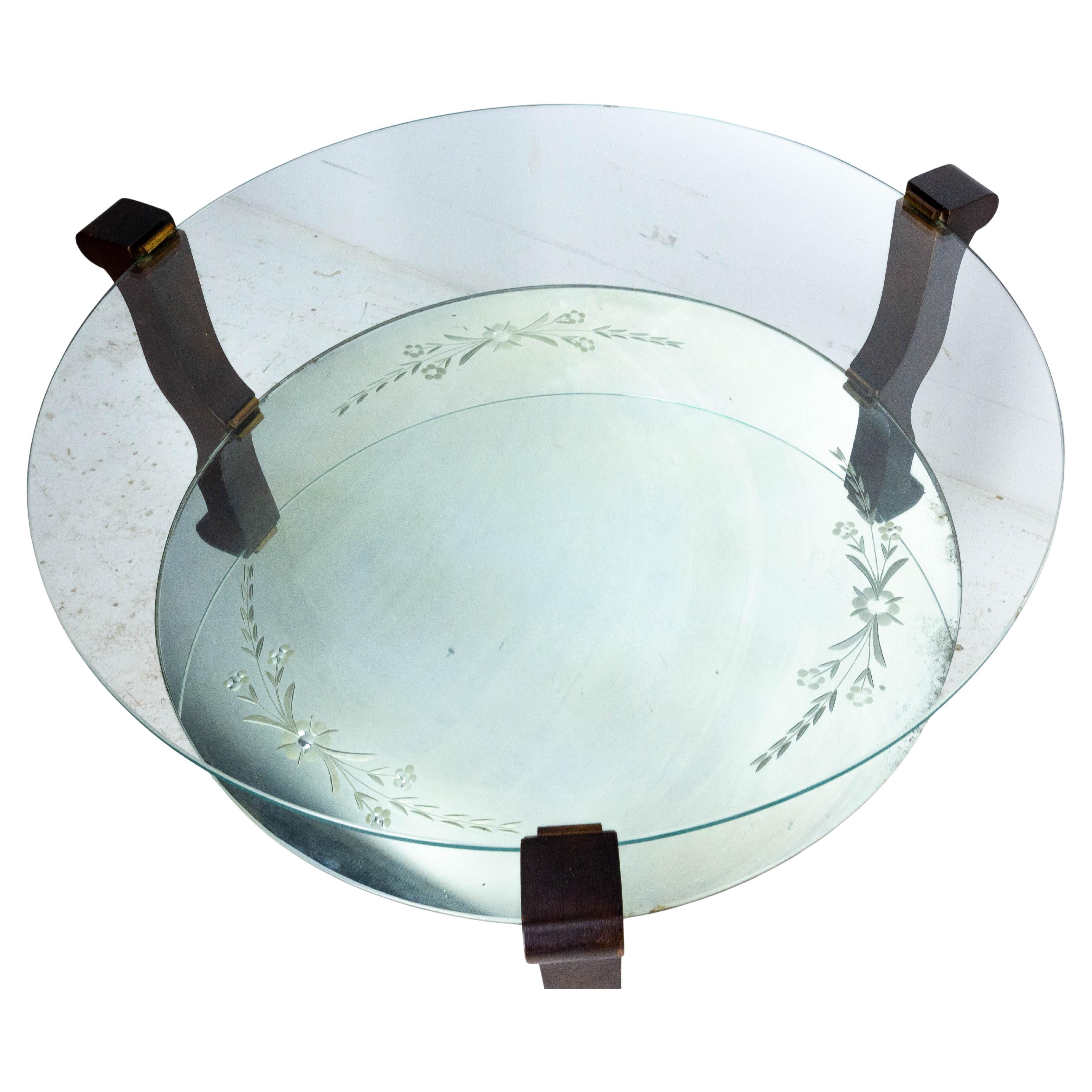 Table basse du milieu du siècle en verre, miroir gravé et bois, France, 1960 Bon état - En vente à Labrit, Landes