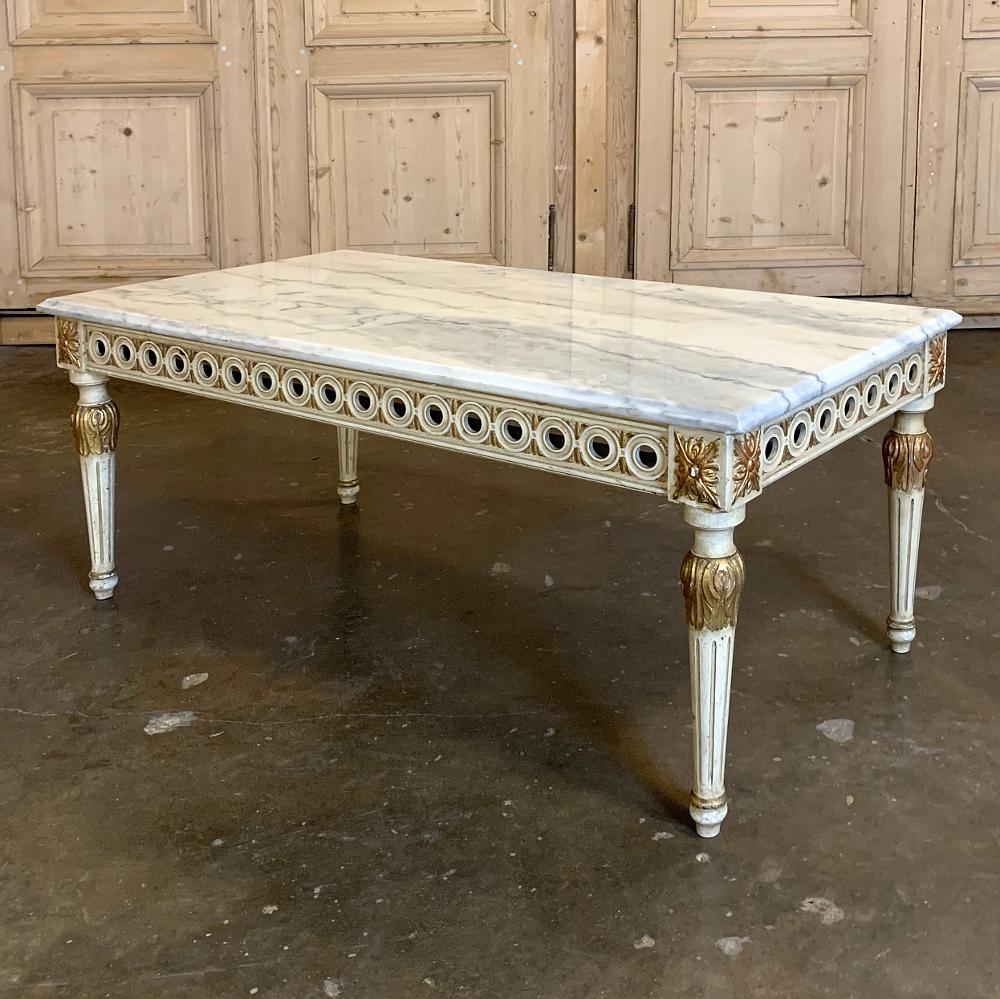 French Coffee Table, Midcentury Neoclassical Painted with Marble Top
