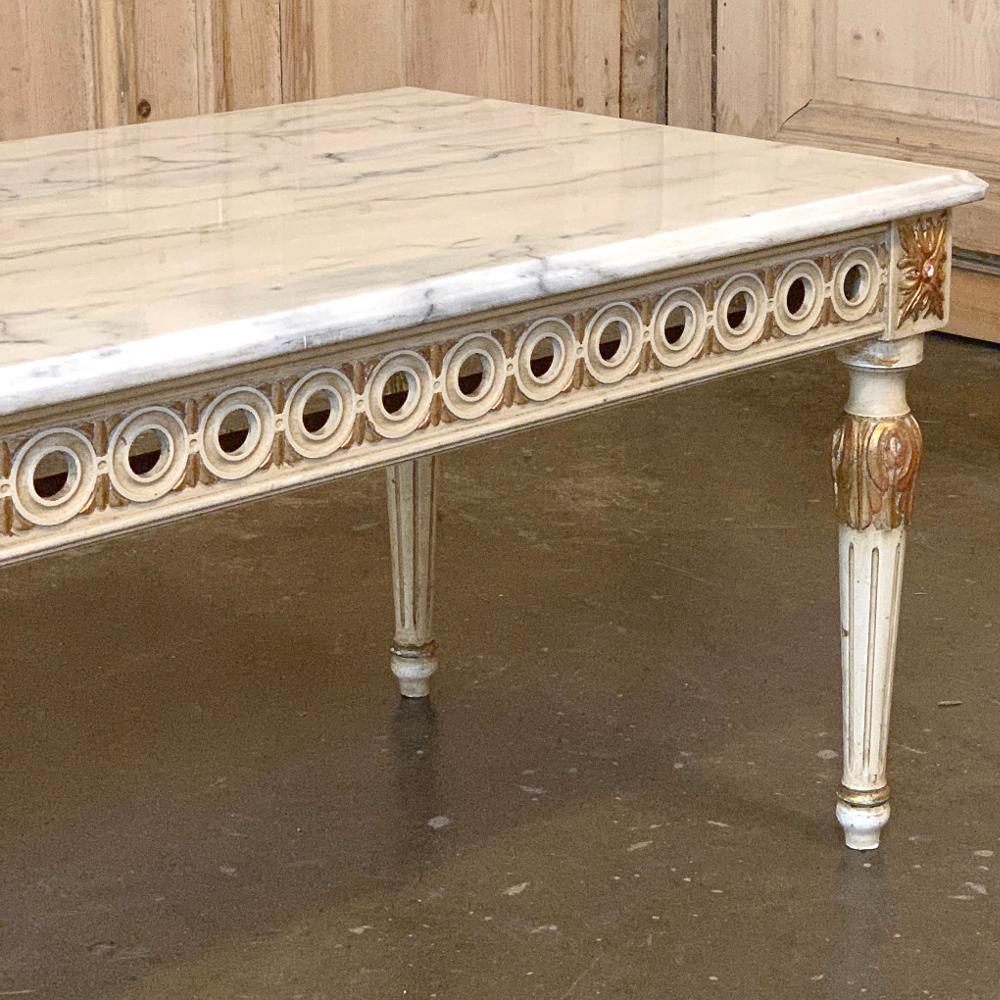 Hand-Carved Coffee Table, Midcentury Neoclassical Painted with Marble Top