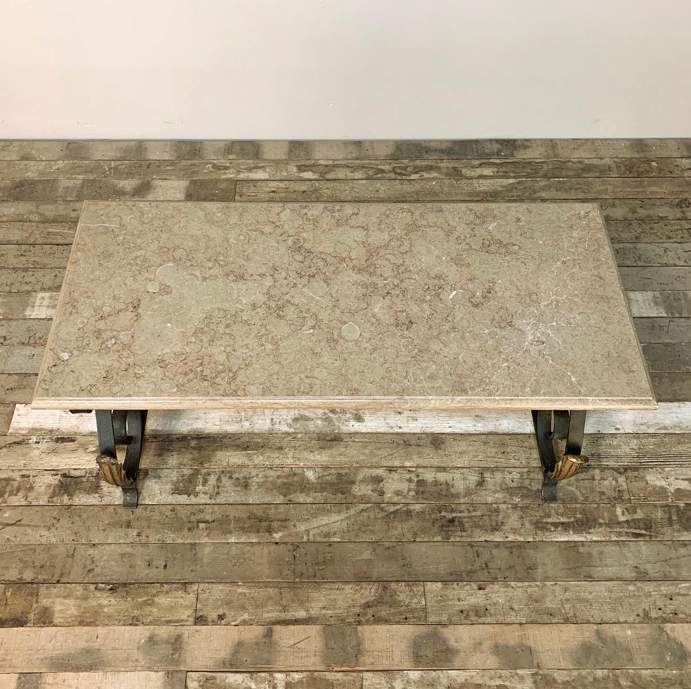 20th Century Coffee Table, Midcentury Wrought Iron Marble Top