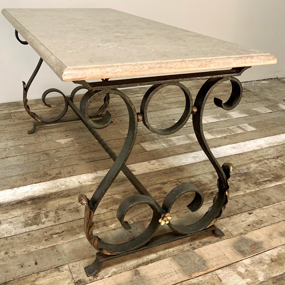 French Coffee Table, Midcentury Wrought Iron Marble Top