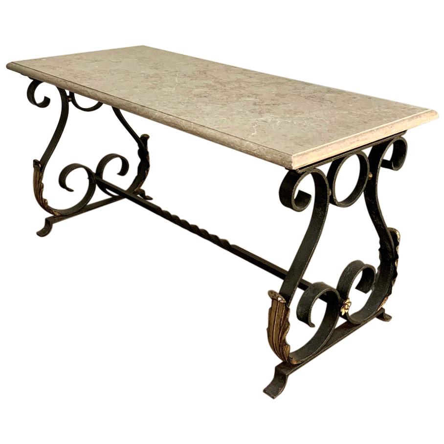 Coffee Table, Midcentury Wrought Iron Marble Top