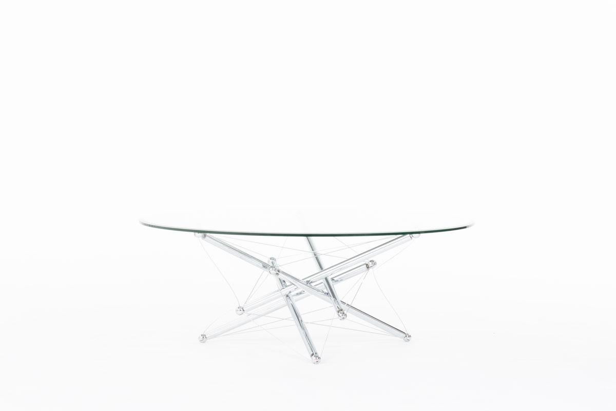 Coffee table made by Theodore Waddell, an American designer, for Cassina in 1973
Structural and unique design
Model 713
Set of chrome-plated steel tubes connected with metal cables
Large round glass top with beveled edge
