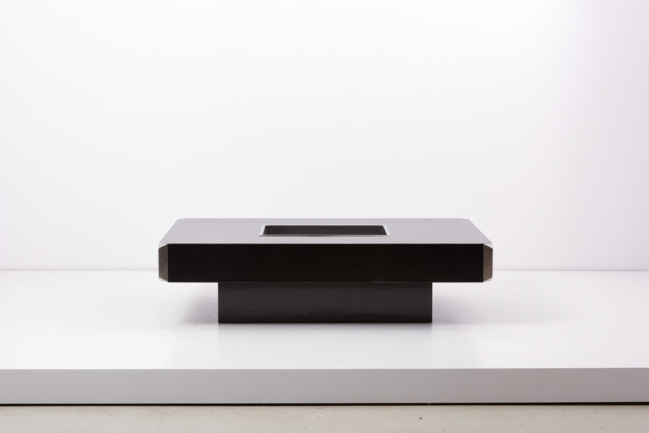 Coffee table, model Alveo designed by Willy Rizzo and made from laminated black formica with chrome tray and corners.