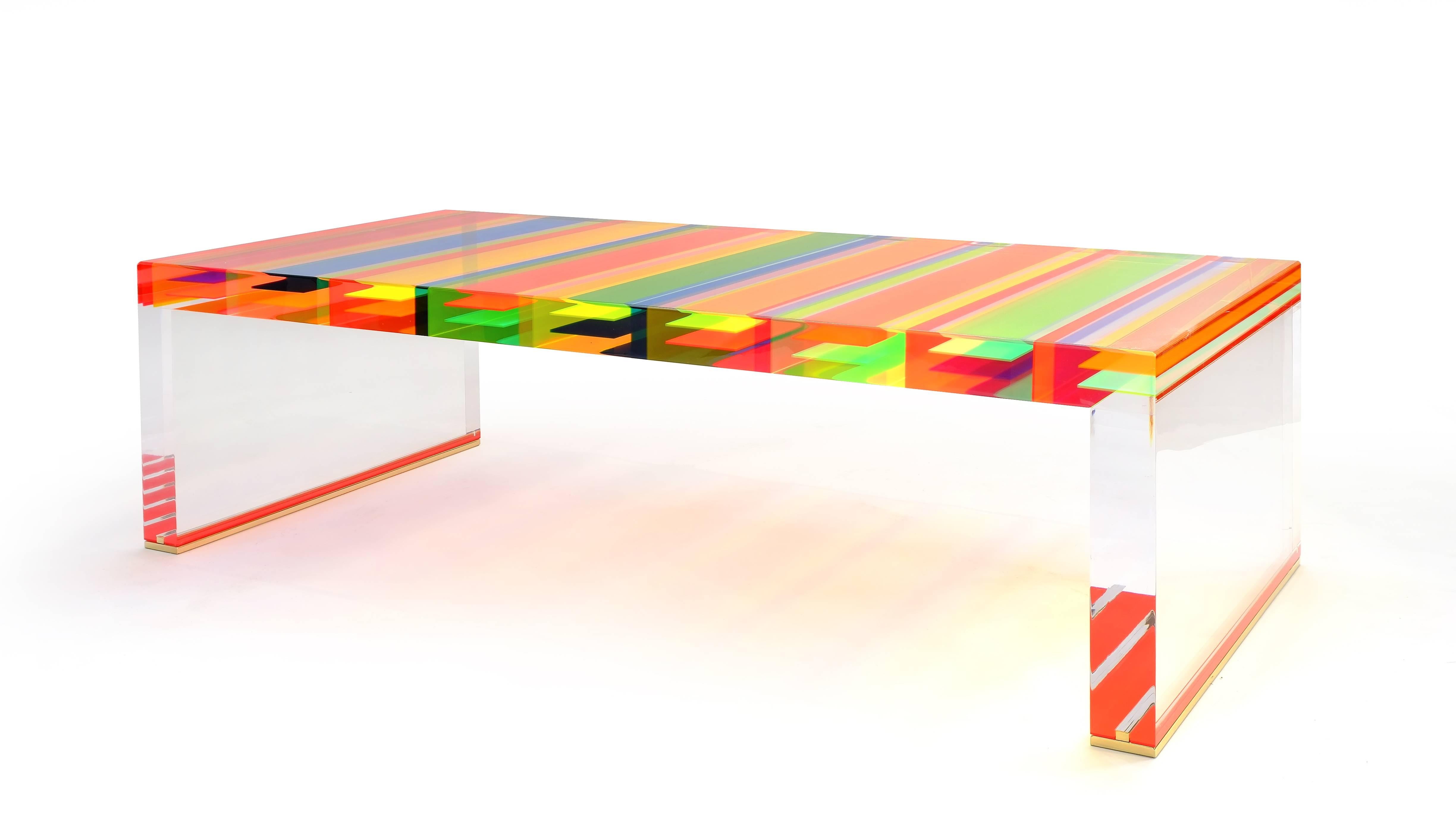 DNA coffee table in multicolor plexiglass.
A series of unique pieces designed and produced by Studio Superego.
 
Biography
Superego editions was born in 2006, performing a constant activity of research in decorative arts by offering both