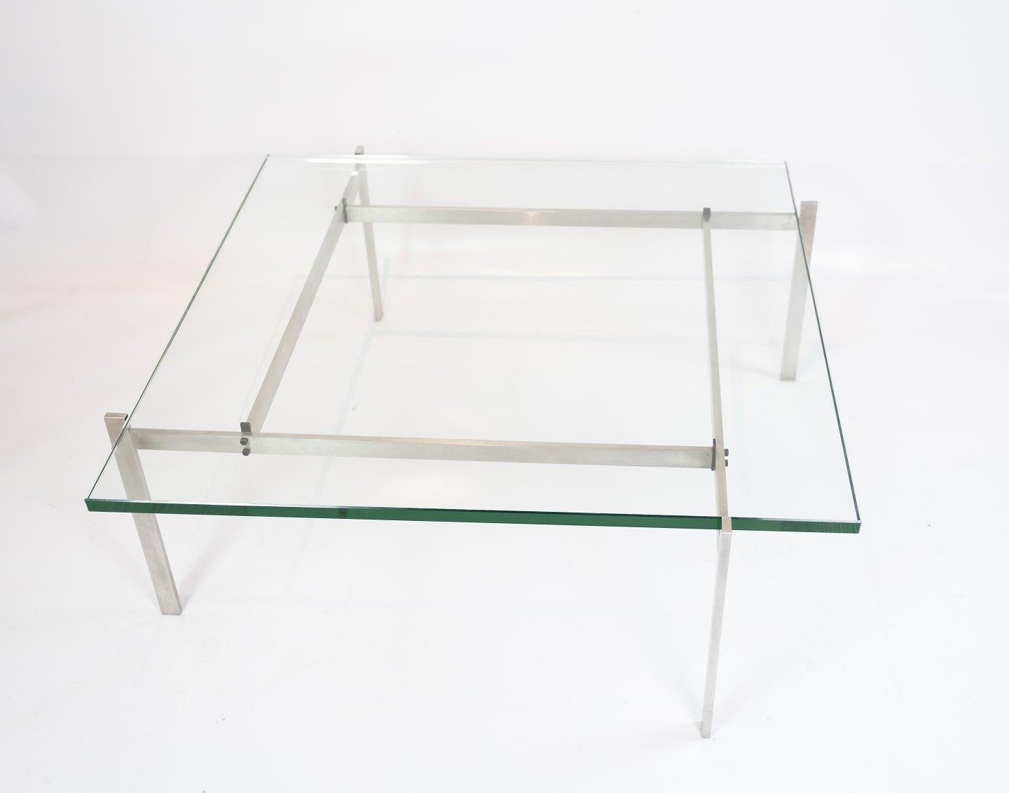 Coffee table, model PK61, of glass and stainless steel designed by Poul Kjærholm and manufactured by Fritz Hansen. The table is in great vintage condition.
  